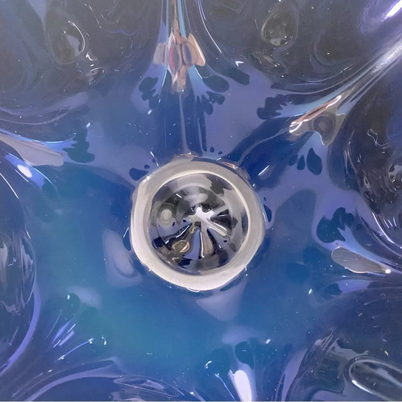 Handblown Ripple Edge Blue Black Glass Opal Cut Glass Handkerchief Vase Bowl - Picture 7 of 15